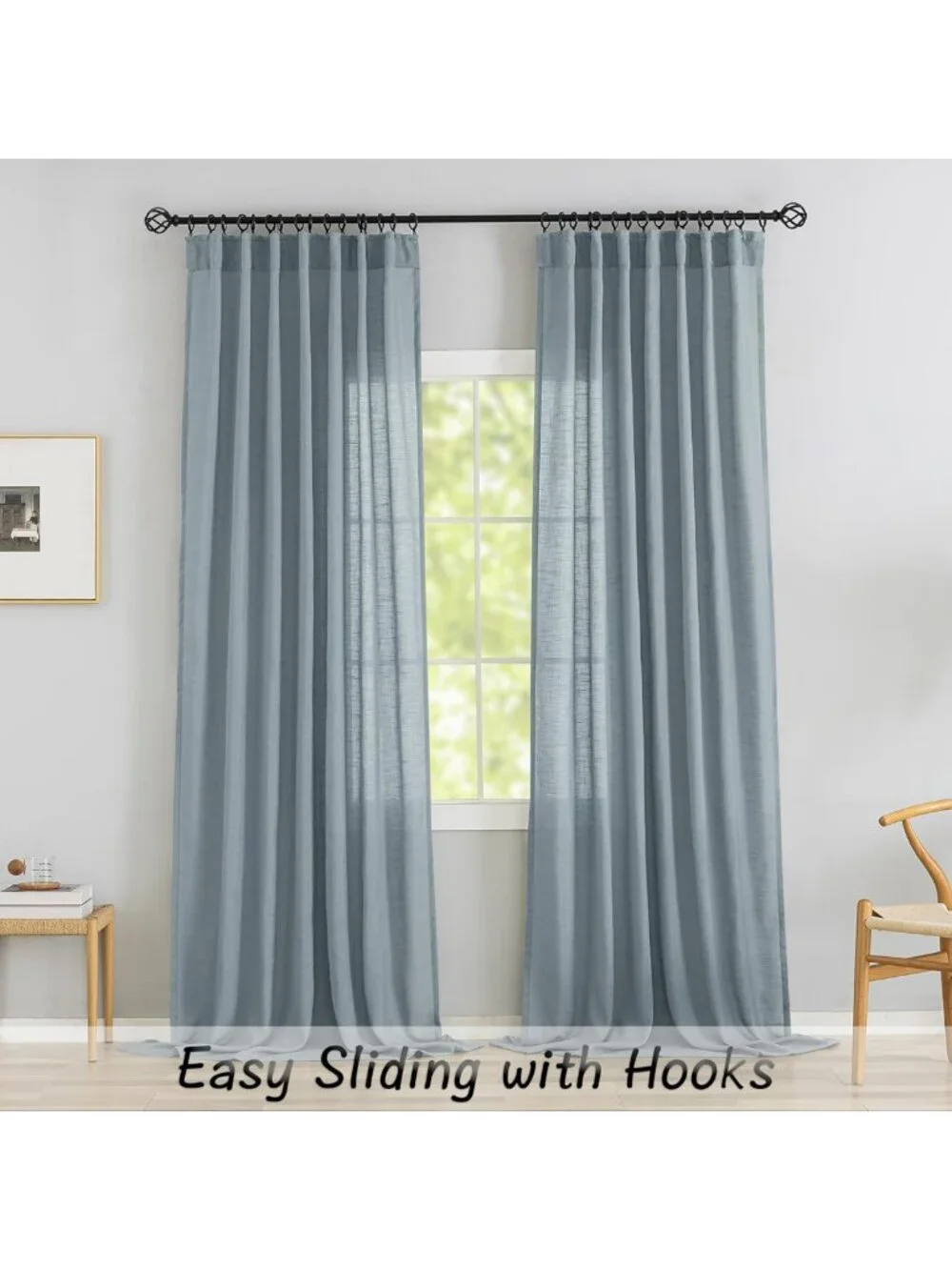 Stone Blue Linen Back Tab Curtains 96” Long - 2 Panel Set, Light Filtering, Easy